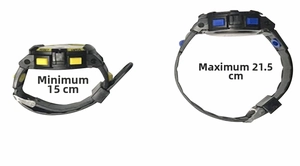 Adjustable digital sports watch showing minimum 15cm and maximum 21.5cm wrist size fit