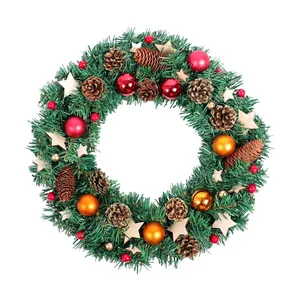 Christmas Wreath Artificial Pine Needle Decoration With Wood Star Pine Cone Berry Ball For Door Wall Home Party Hanging