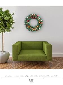 Christmas wreath with red balls, wooden stars and pine cones in a cozy Nordic home setting