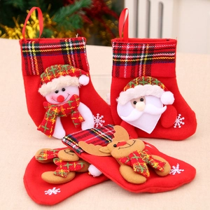 Christmas Stocking Hanging Decoration Felt Plaid Cuff 3D Santa Snowman Reindeer Bear Festive Gift Bag Home Decor