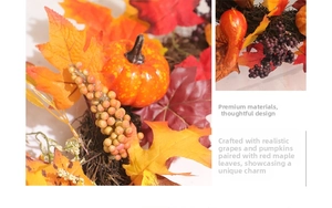 Detailed macro view of autumn wreath featuring maple leaves, pumpkins and grapes