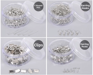 DIY jewelry making kit including silver ear hooks, T-pins, ribbons ends and stud posts