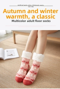 Detailed view of pink elk pattern winter socks with thick faux lamb wool lining