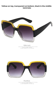 Detail view of large square sunglasses with yellow glitter top and gradient purple lenses
