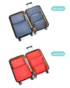 Detail of travel packing cubes in sky blue and fire red with breathable mesh design