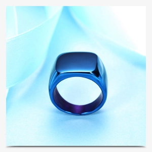 Detailed close-up of a minimalist blue polished square signet ring in stainless steel