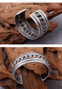 Detail of vintage 316L stainless steel cuff with hollow chain pattern and rope edge
