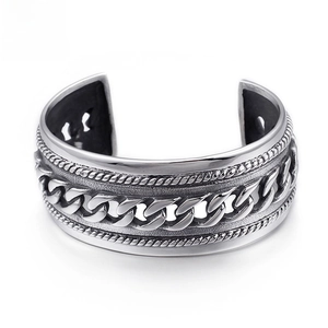 Men Vintage 316L Stainless Steel Cuff Bracelet Cuban Chain Texture Twisted Rope Edge Industrial Punk Open Bangle Jewelry