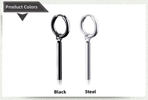Macro shot of punk style stainless steel dumbbell earrings in black and silver finishes