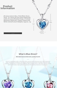 Dettaglio della collana con pendente a cuore e pietre di zirconia cubica blu e rosa 10mm