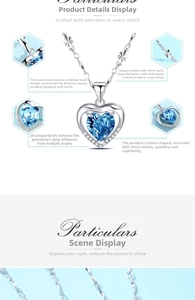 Dettagli della collana con pendente a cuore di cristallo blu e 20 pietre di zirconia