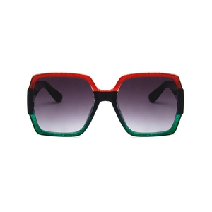 Retro square glitter sunglasses with gradient red, black, green frame and purple lenses