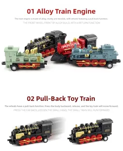 Nahaufnahme der Retro Dampflokomotive Spielzeugset aus Metall in vier verschiedenen Farben