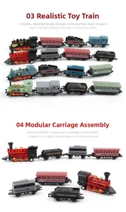 Detailansicht des Retro Dampflok Sets mit vier bunten Legierungs-Modellzug Kombinationen