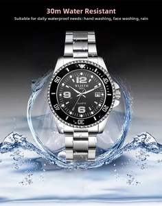 Detailansicht der wasserdichten Herrenuhr mit Datum und Stahlband vor Wasserspritzern