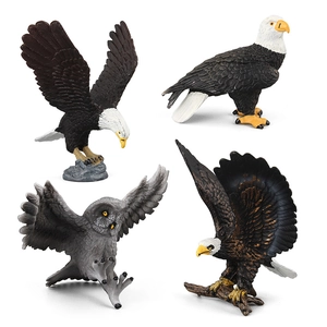Realistic bald eagle and owl figurines set with detailed feather textures for display