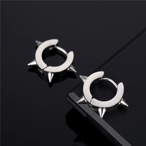 Polished silver punk hoop earrings with triple spike charms for a minimalist edgy look