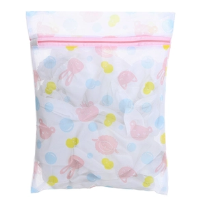 Cartoon animal print mesh laundry bag with pink zipper for washing machine protection