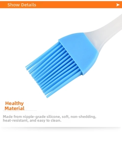 Macro detail of heat-resistant blue silicone bristles and food-grade translucent handle