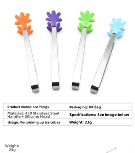 Set of four mini stainless steel food tongs with palm-shaped silicone tips in vibrant colors