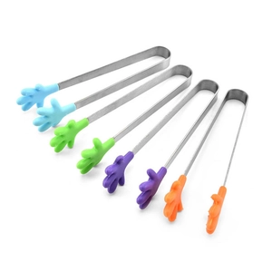 Mini Silicone Hand Shape Food Tongs Stainless Steel Handle Non Slip Candy Sugar Ice Tongs Kitchen Party Buffet Utility