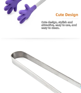 Detail of stainless steel mini food tongs featuring purple palm-shaped silicone heads