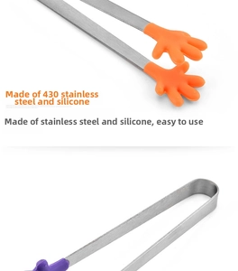 Macro shot of 430 stainless steel mini food tongs with colorful palm-shaped silicone heads