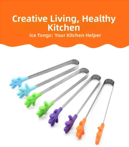Mini silicone hand-shaped food tongs with stainless steel handle in four bright colors