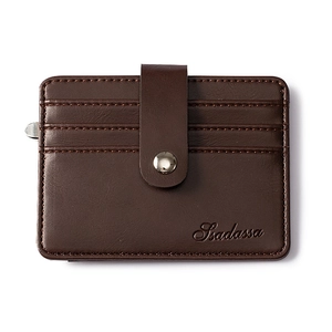 Slim dark brown business card holder in textured faux leather with secure snap closure