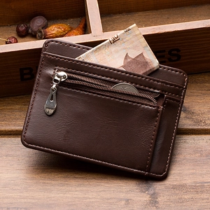 Slim PU leather card holder wallet for men with multi-slots and metal zipper pocket