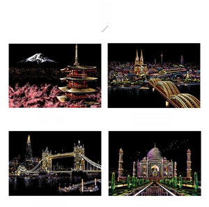 Detail view of four cityscape scratch art styles including Mount Fuji and Taj Mahal