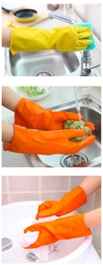 Detail showing kitchen cleaning tasks with yellow and orange rubber gloves in M and L sizes