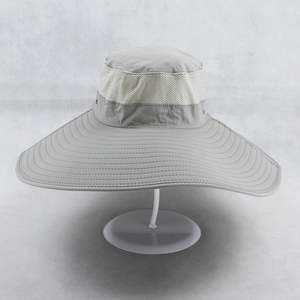 Light gray wide brim fishing sun hat with breathable mesh layer and reinforced stitching