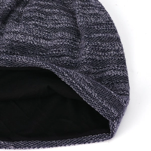 Double-layer knitted beanie hat with mixed grey stripes and warm thermal lining