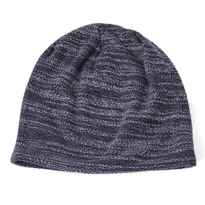 Unisex knit beanie hat with purple and grey striped pattern for winter warmth