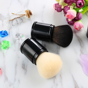 Detailed view of dual retractable powder brushes with black and beige synthetic bristles