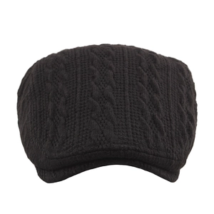 Classic black cable knit beret cap for men and women with warm thick thermal fabric