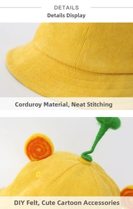 Detail of yellow corduroy kids sun hat showing neat stitching and cute felt DIY cartoon decor
