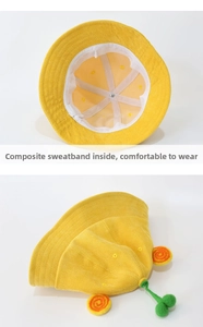 Close-up of yellow corduroy bucket hat with interior moisture-wicking sweatband details