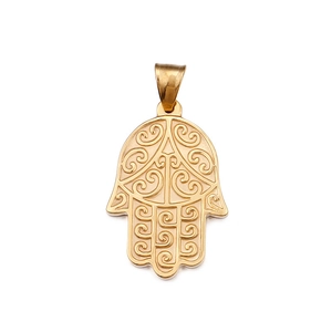 Golden Hamsa hand pendant in stainless steel with intricate filigree pattern design