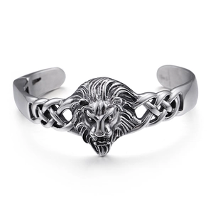 Bracciale rigido in acciaio inox con testa di leone e design a nodo celtico
