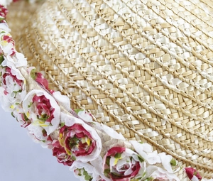 Detailed macro view of woven straw texture with elegant floral lace trim on sun hat