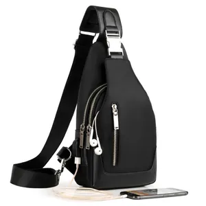 Black Oxford crossbody chest bag with USB charging port and multi-layer zipper pockets