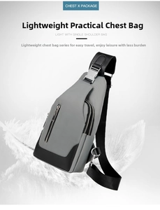 Lightweight grey oxford fabric crossbody bag shown on a white feather for lightness
