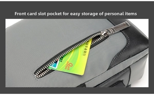Detail view of the front card pocket with durable metal zipper on a grey oxford fabric bag