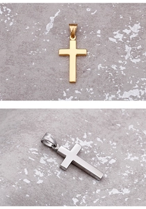 Detailed close-up of minimalist gold and silver cross pendants with smooth polished finish