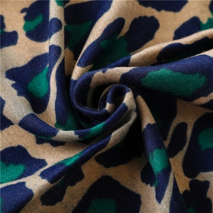 Detailed macro shot of leopard print scarf fabric texture in blue and green tones