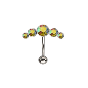 Silver belly button ring with five dazzling AB Aurora Borealis crystals on white background