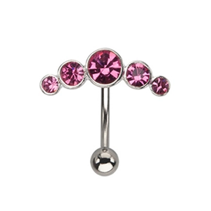 Silver curved barbell belly ring with five graduated pink cubic zirconia gemstones