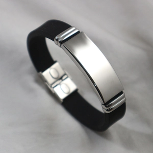 Men's minimalist black rubber bracelet with polished silver stainless steel metal plate